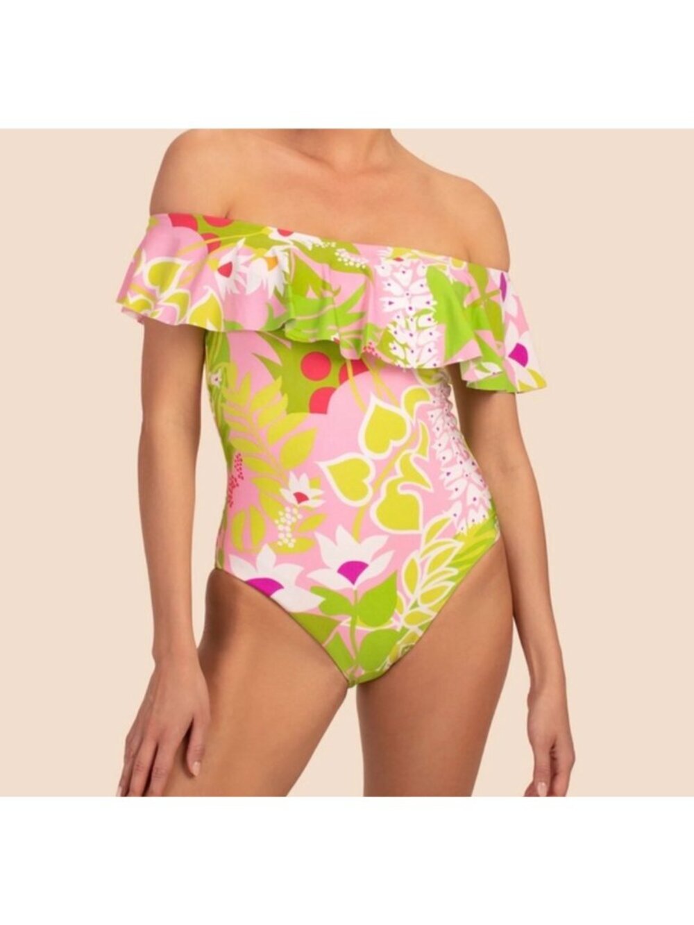 Trina Turk La Palma swimsuit off shoulder ruffled neckline floral print size 14